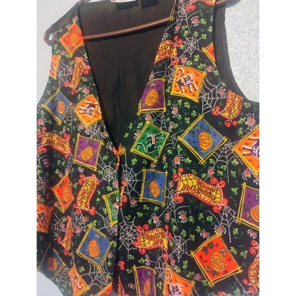 Vintage 90s Y2K Basic Editions Halloween Vest Black Pumpkins Black Cat Lgtwt Lrg - Picture 2 of 6